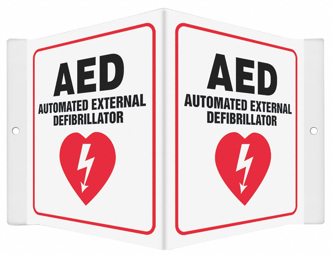 SAFETY SIGN, PETG, MOUNTING HOLES, 6 IN X 8½ IN NOMINAL SIGN SIZE, 0.06 IN THICK, AED AUTOMATIC EXTERNAL DEFIBRILLATOR