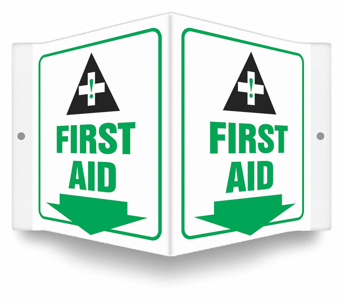 SAFETY SIGN, PETG, MOUNTING HOLES, 6 IN X 8½ IN NOMINAL SIGN SIZE, 0.06 IN THICK, FIRST AID