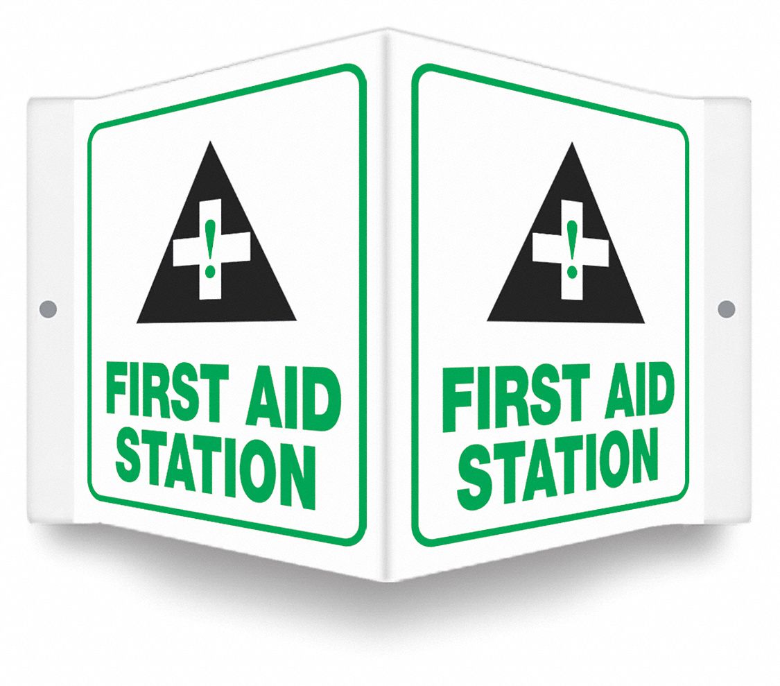 SAFETY SIGN, PETG, MOUNTING HOLES, 6 IN X 8½ IN NOMINAL SIGN SIZE, 0.06 IN THICK, FIRST AID STATION