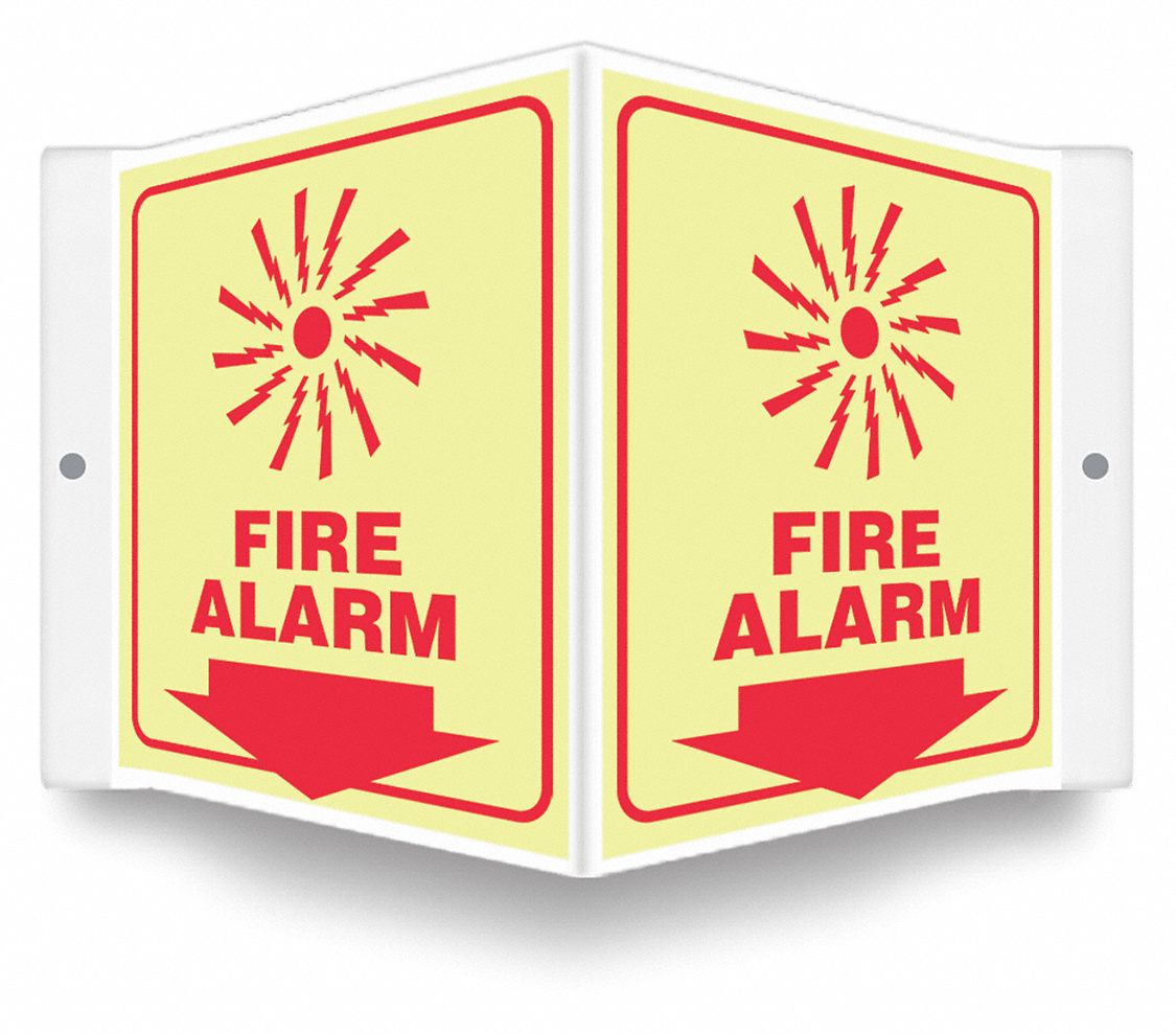 SAFETY SIGN, PETG, MOUNTING HOLES, 6 IN X 8½ IN NOMINAL SIGN SIZE, GLOW IN THE DARK, FIRE ALARM