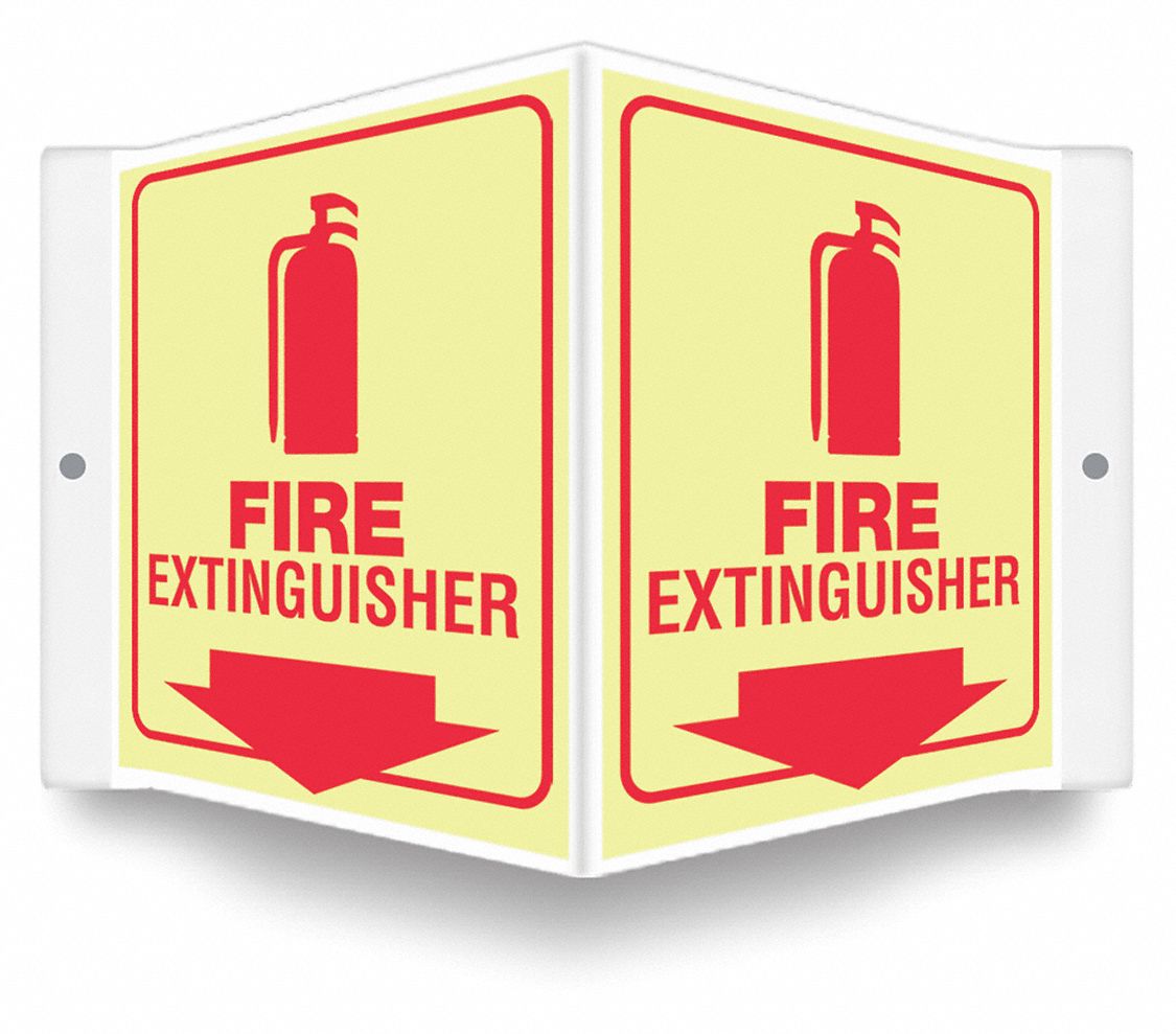 SAFETY SIGN, PETG, MOUNTING HOLES, 6 IN X 8½ IN NOMINAL SIGN SIZE, GLOW IN THE DARK, FIRE EXTINGUISHER