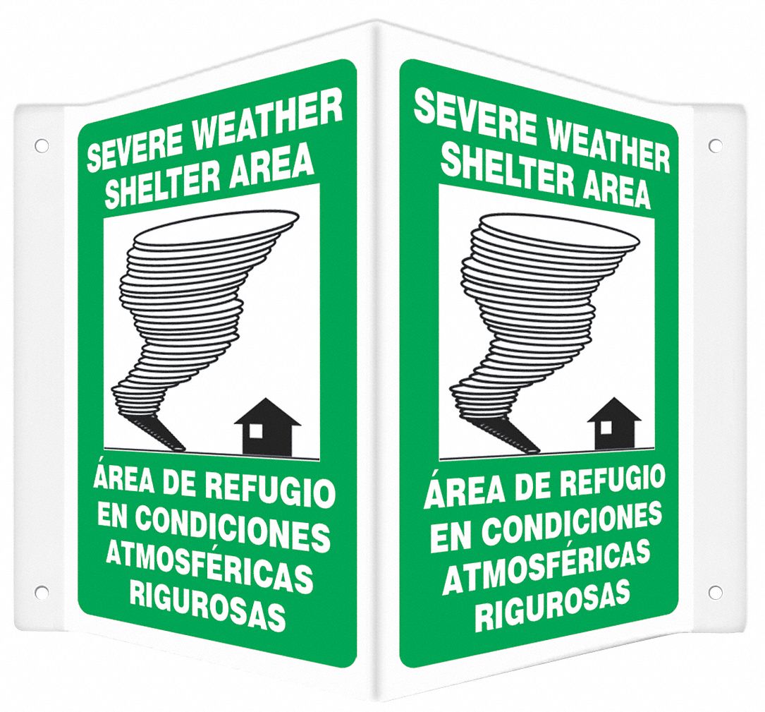 SAFETY SIGN, PETG, HOLE MOUNT, 12X14 IN, 0.06 IN THICK, SEVERE WEATHER SHELTER AREA/ AREA DE REFUGIO EN CONDICIONES A...