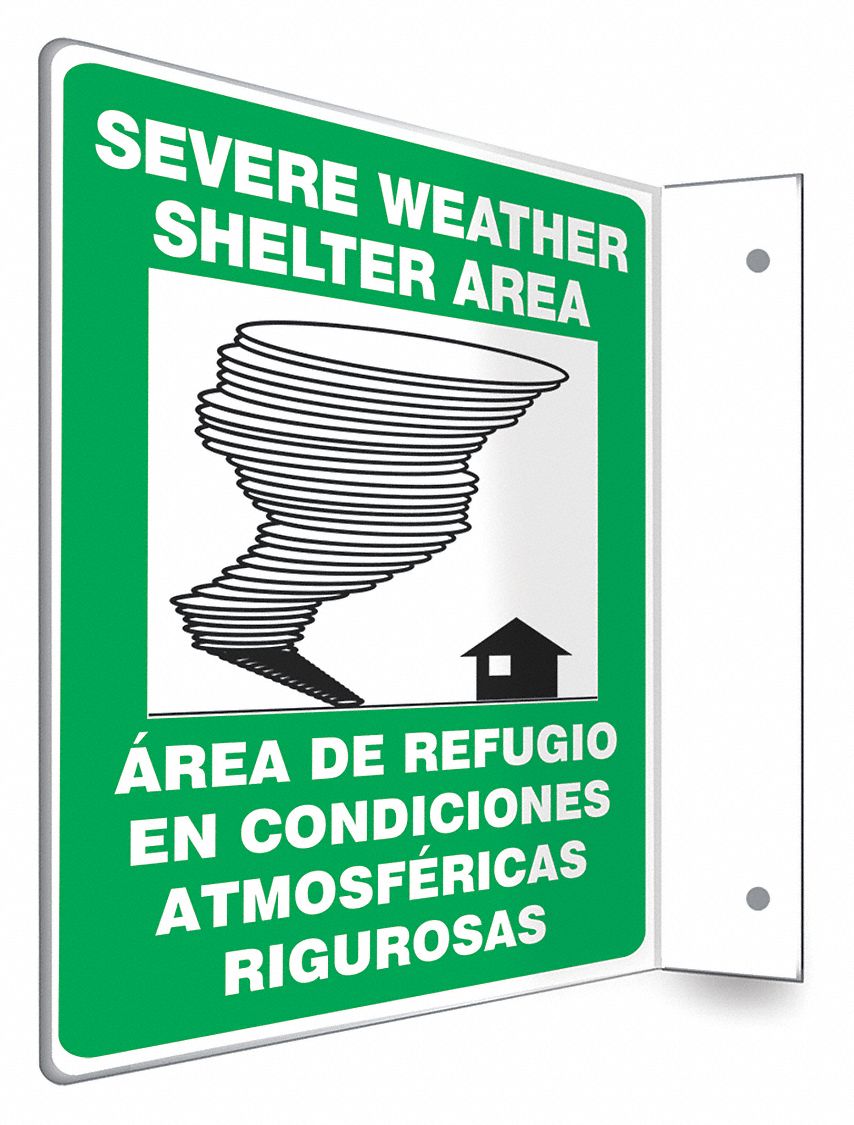 SAFETY SIGN, PETG, HOLE MOUNT, 12X9 IN, NOT RETROREFLECTIVE, SEVERE WEATHER SHELTER AREA/ AREA DE REFUGIO EN CONDICIO...