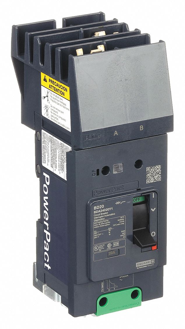 Molded Case Circuit Breaker: 20 A Amps, 25kA at 277/408V AC, Fixed, AB, 2 Poles, 525V AC, BDA