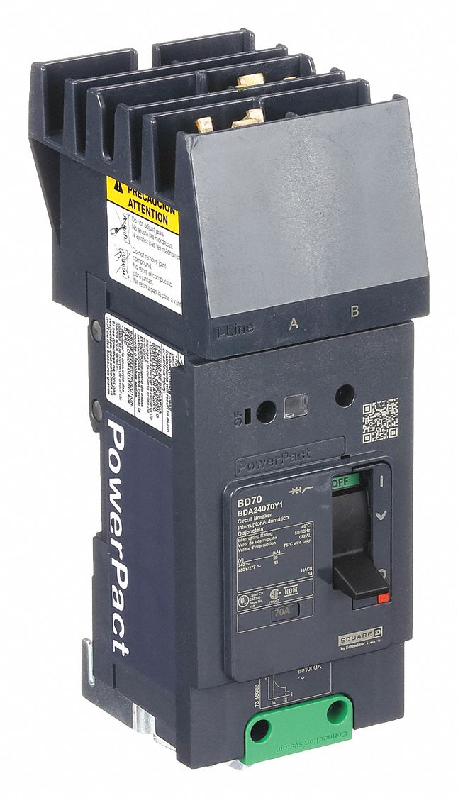 Molded Case Circuit Breaker: 70 A Amps, 25kA at 277/408V AC, Fixed, AB, 2 Poles, 525V AC, BDA