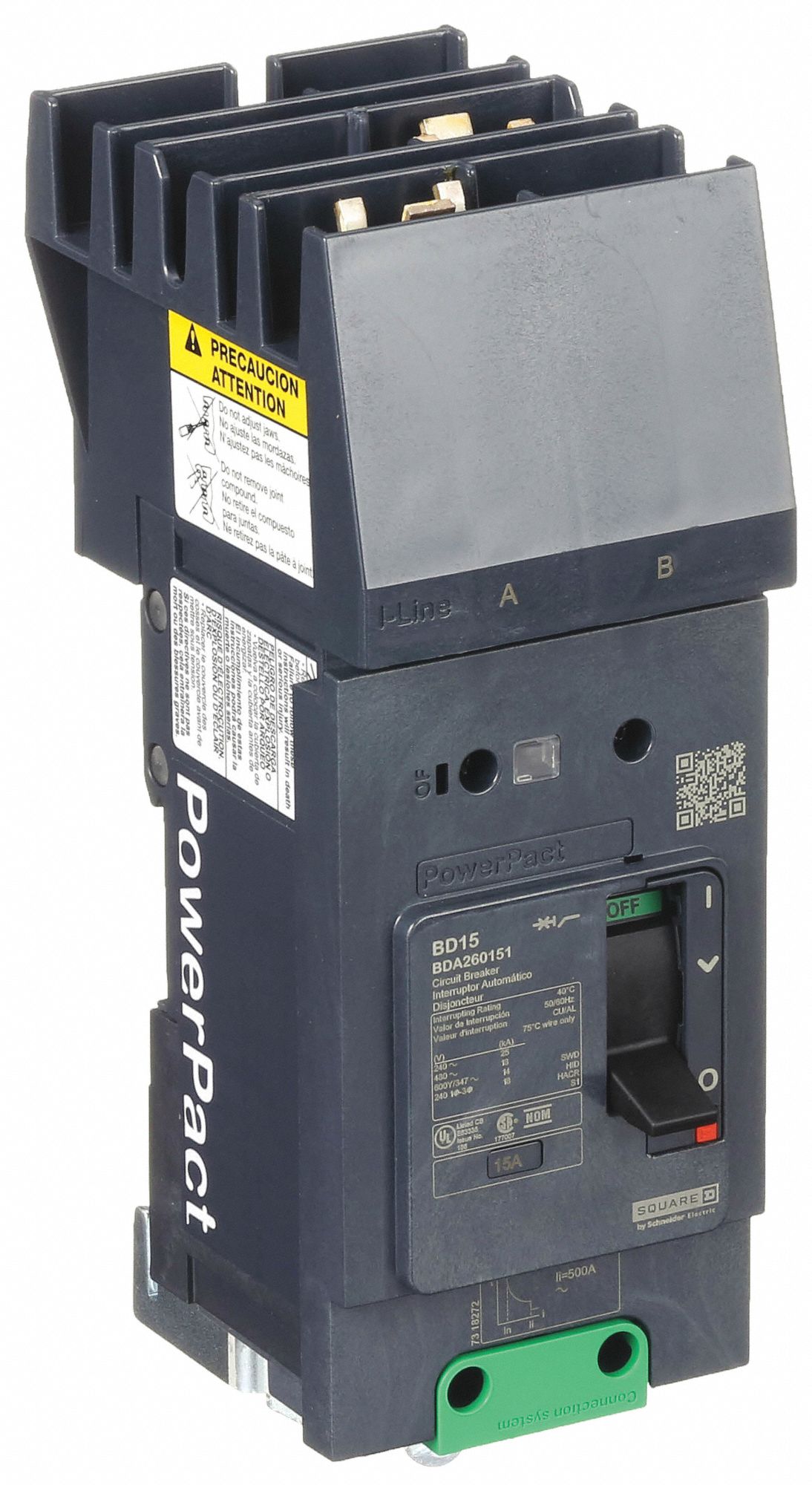 Molded Case Circuit Breaker: 15 A Amps, 25kA at 277/408V AC, Fixed, AB, 2 Poles, 525V AC, BDA