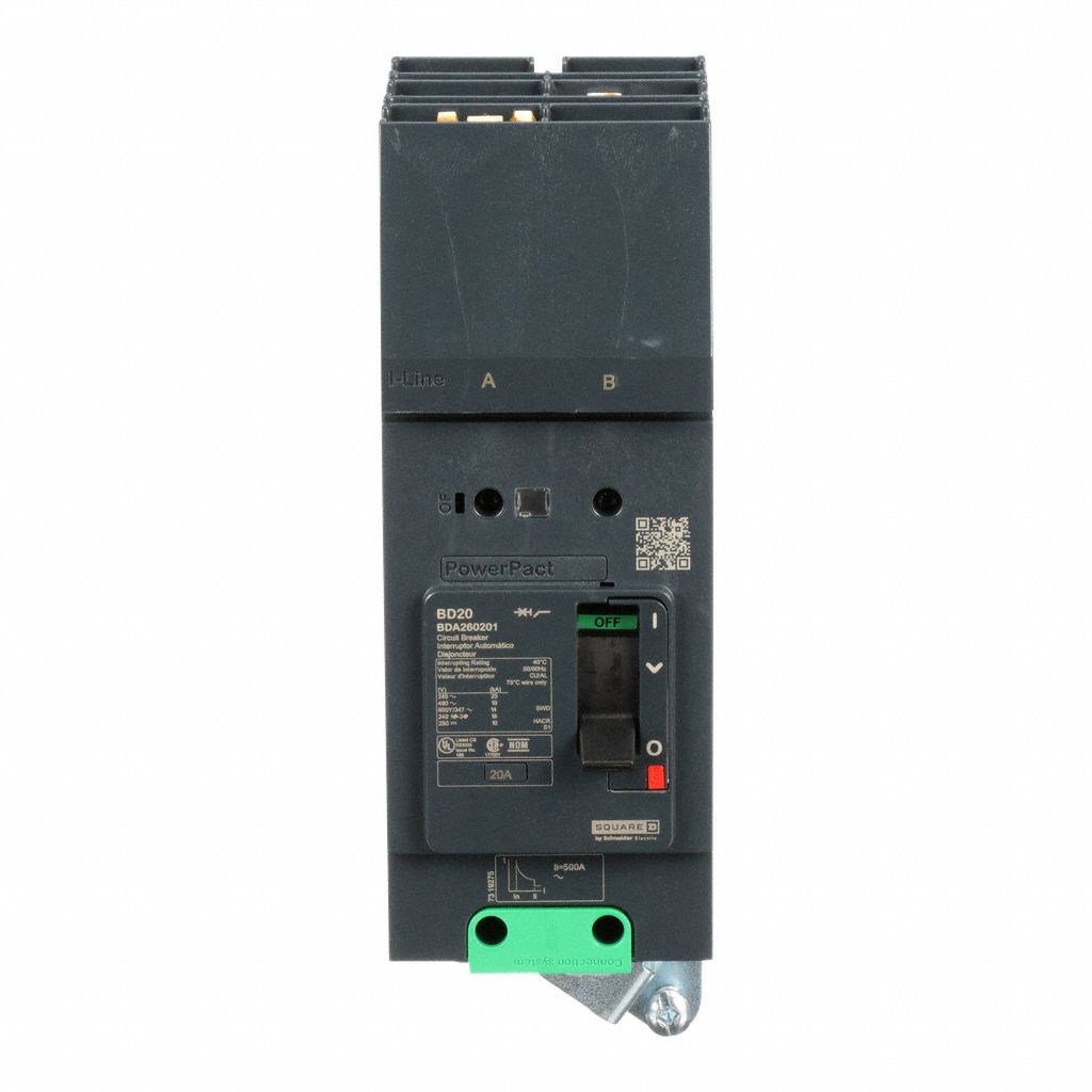 Molded Case Circuit Breaker: 20 A Amps, 25kA at 277/408V AC, Fixed, AB, 2 Poles, 525V AC, BDA