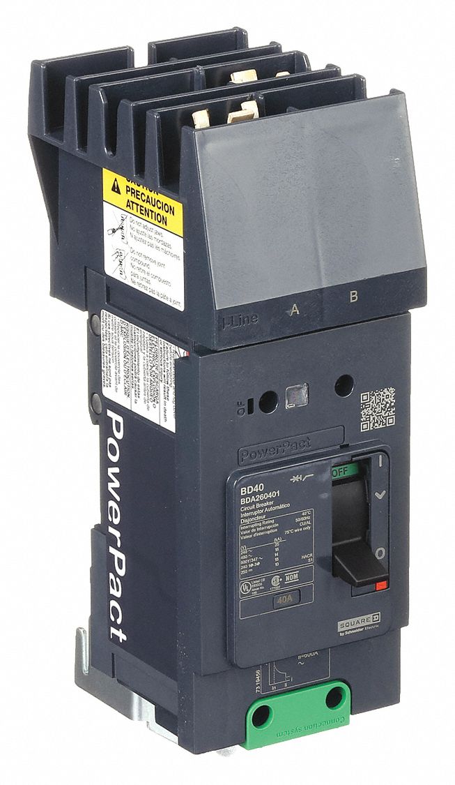 Molded Case Circuit Breaker: 40 A Amps, 25kA at 277/408V AC, Fixed, AB, 2 Poles, 525V AC, BDA