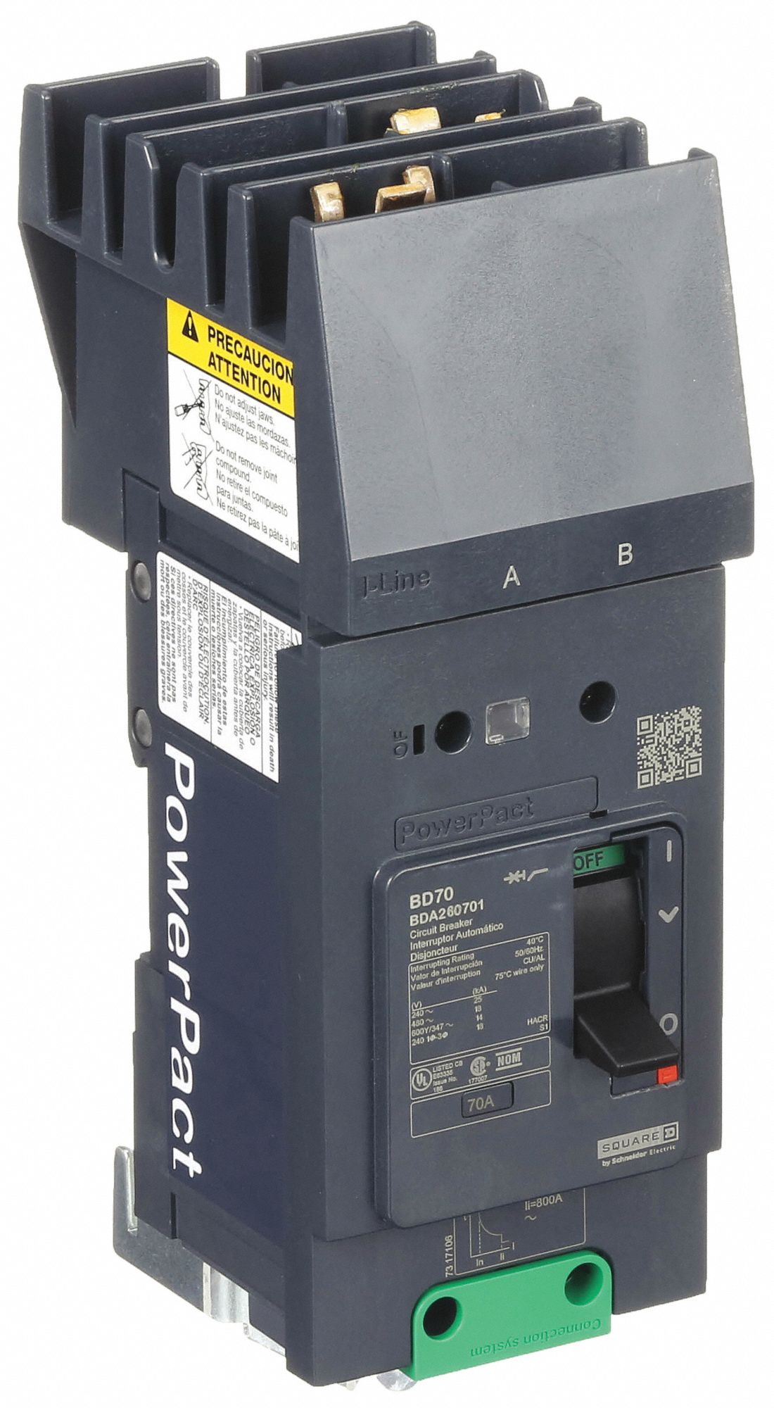 Molded Case Circuit Breaker: 70 A Amps, 25kA at 277/408V AC, Fixed, AB, 2 Poles, 525V AC, BDA