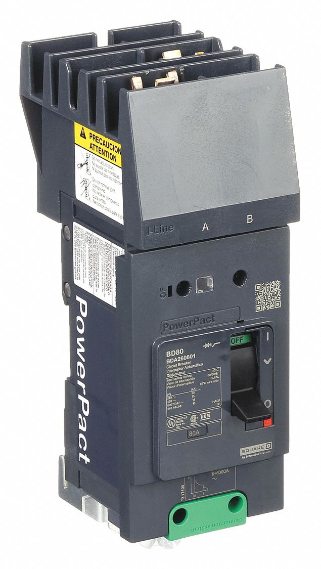 Molded Case Circuit Breaker: 80 A Amps, 25kA at 277/408V AC, Fixed, AB, 2 Poles, 525V AC, BDA
