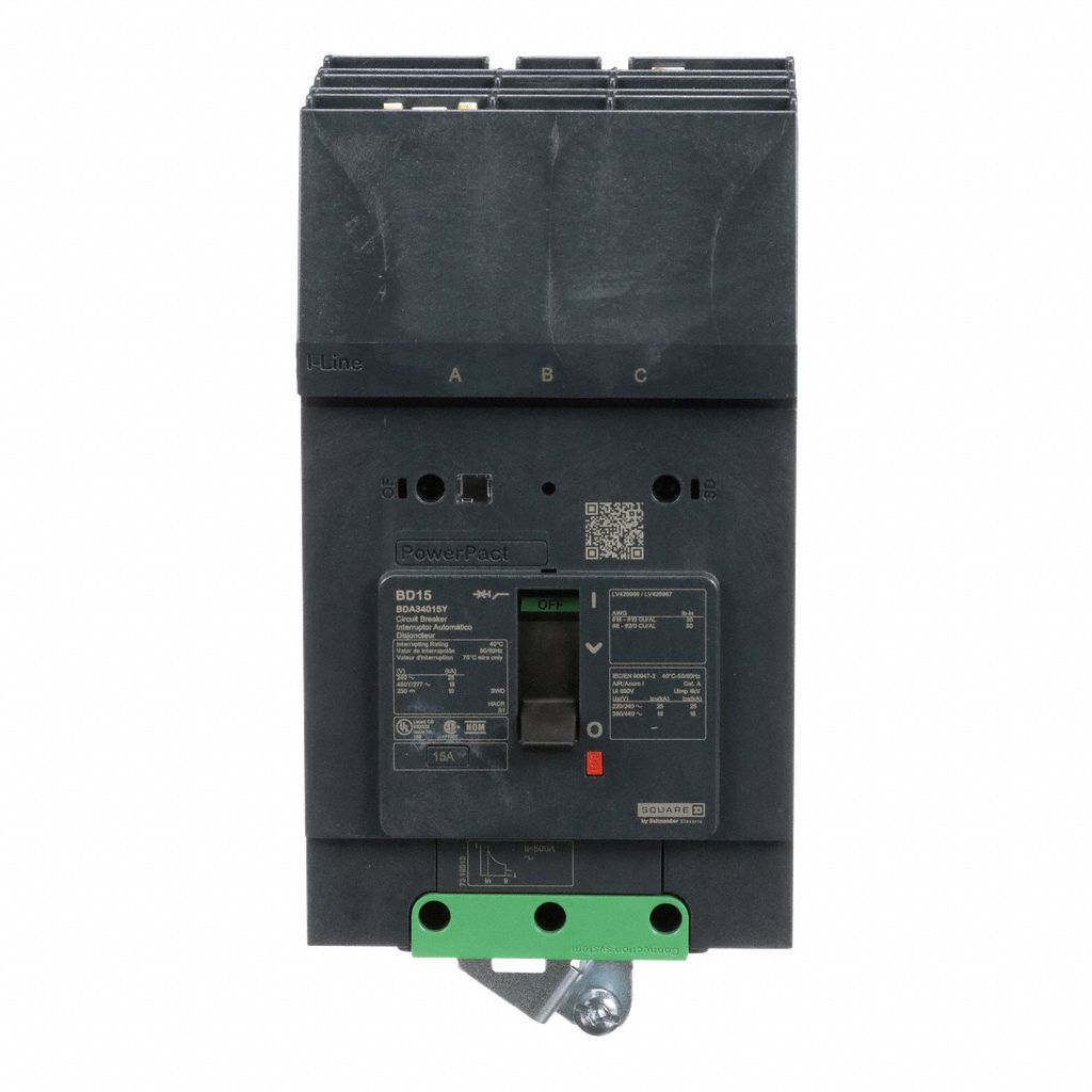 Molded Case Circuit Breaker: 15 A Amps, 25kA at 277/408V AC, Fixed, ABC, 3 Poles, 525V AC, BDA
