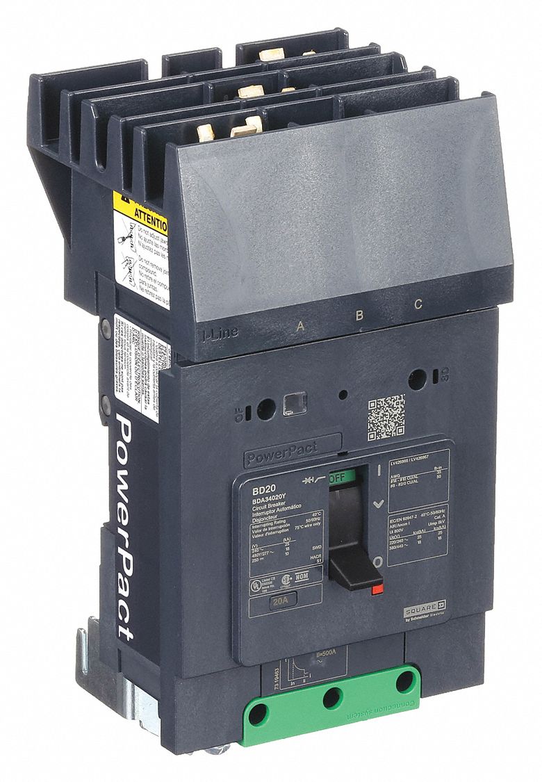 Molded Case Circuit Breaker: 20 A Amps, 25kA at 277/408V AC, Fixed, ABC, 3 Poles, 525V AC, BDA