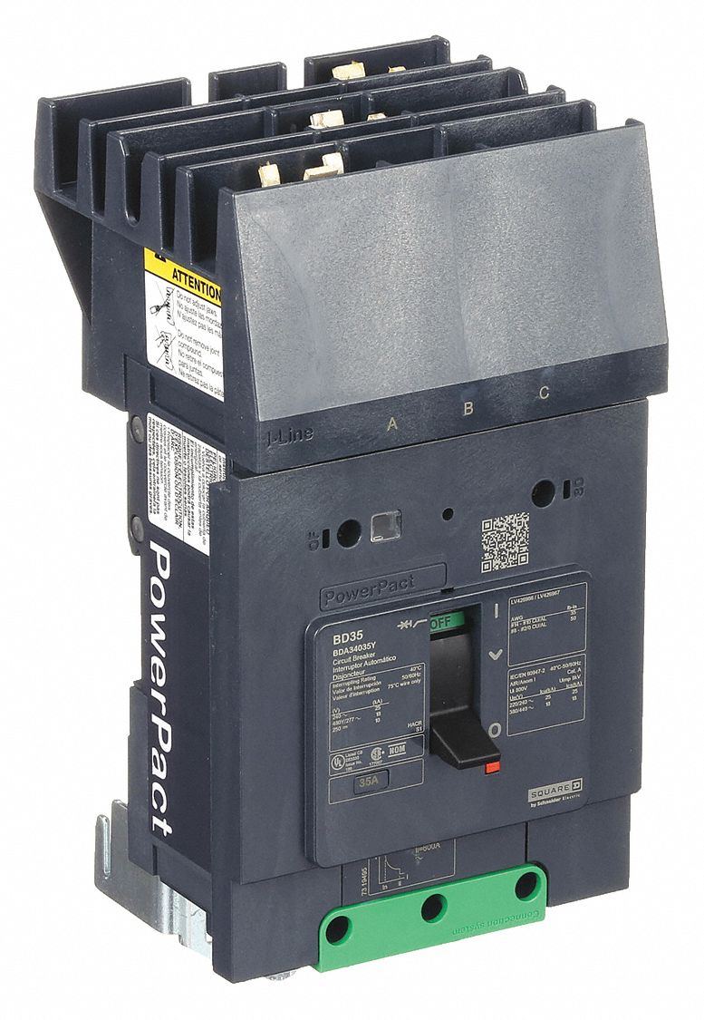 Molded Case Circuit Breaker: 35 A Amps, 25kA at 277/408V AC, Fixed, ABC, 3 Poles, 525V AC, BDA