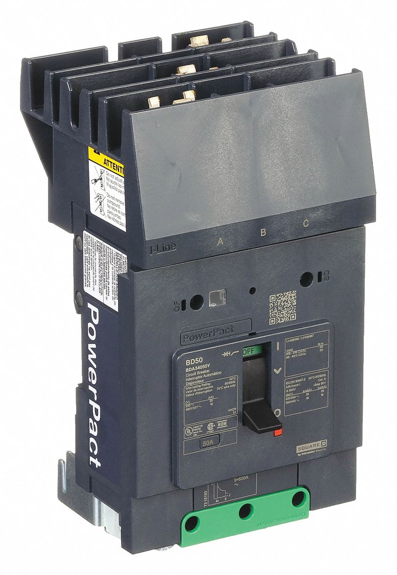 Molded Case Circuit Breaker: 50 A Amps, 25kA at 277/408V AC, Fixed, ABC, 3 Poles, 525V AC, BDA
