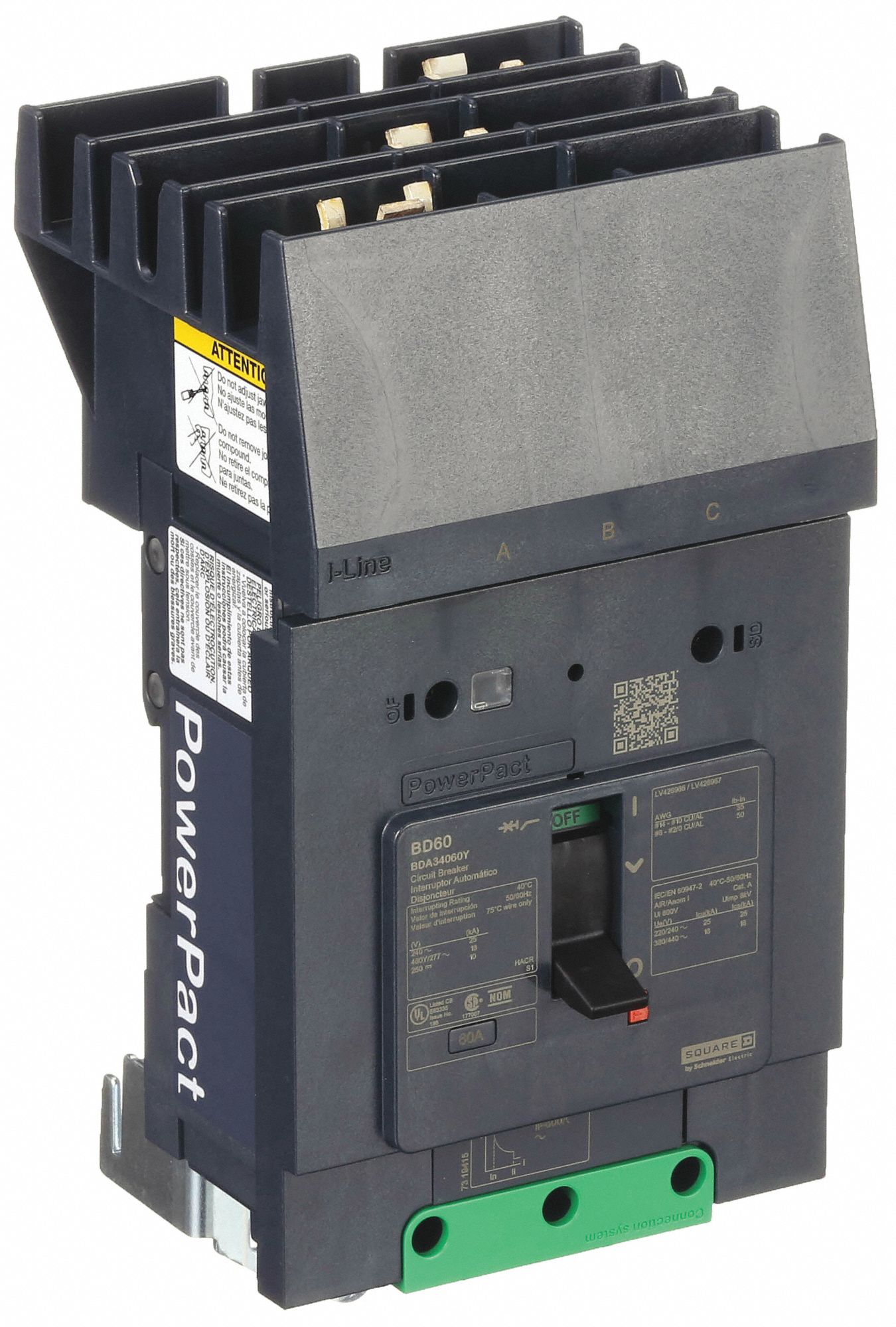 Molded Case Circuit Breaker: 60 A Amps, 18kA at 480Y/277V AC, Fixed, ABC, 3 Poles, 525V AC, BDA