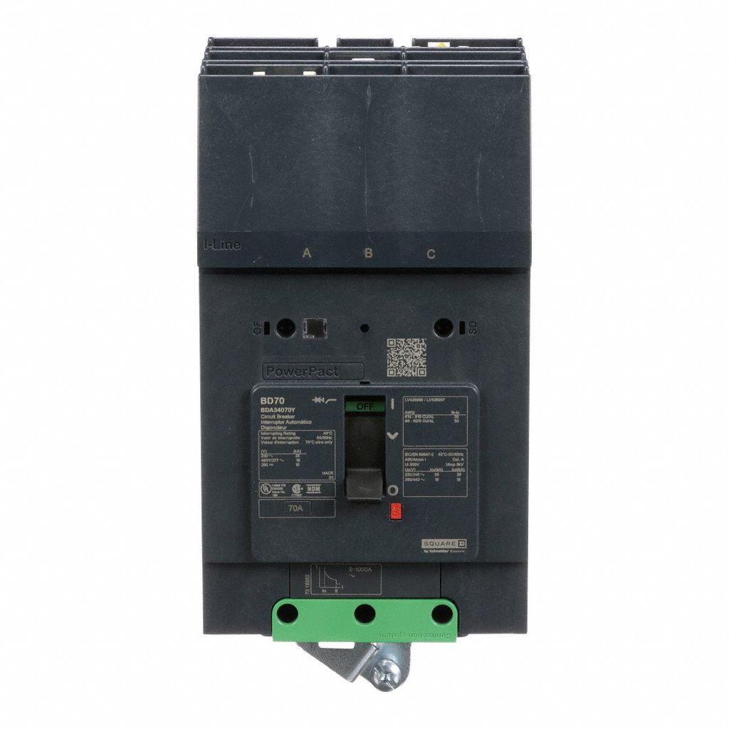 Molded Case Circuit Breaker: 70 A Amps, 25kA at 277/408V AC, Fixed, ABC, 3 Poles, 525V AC, BDA
