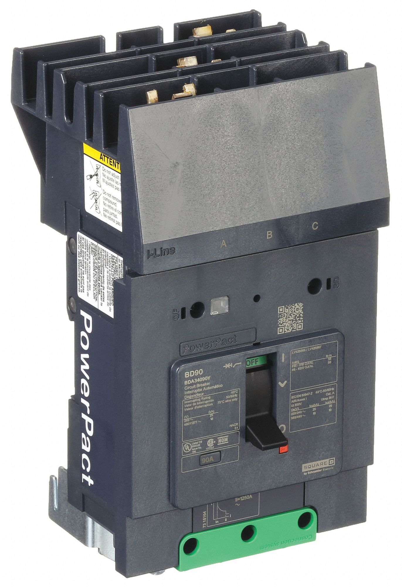 Molded Case Circuit Breaker: 90 A Amps, 25kA at 277/408V AC, Fixed, ABC, 3 Poles, 525V AC, BDA
