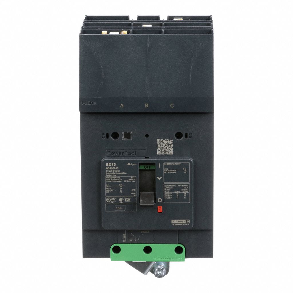 Molded Case Circuit Breaker: 15 A Amps, 25kA at 277/408V AC, Fixed, ABC, 3 Poles, 525V AC, BDA