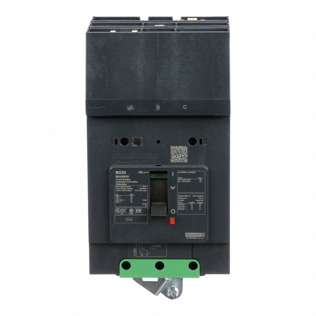 Molded Case Circuit Breaker: 20 A Amps, 25kA at 277/408V AC, Fixed, ABC, 3 Poles, 525V AC, BDA