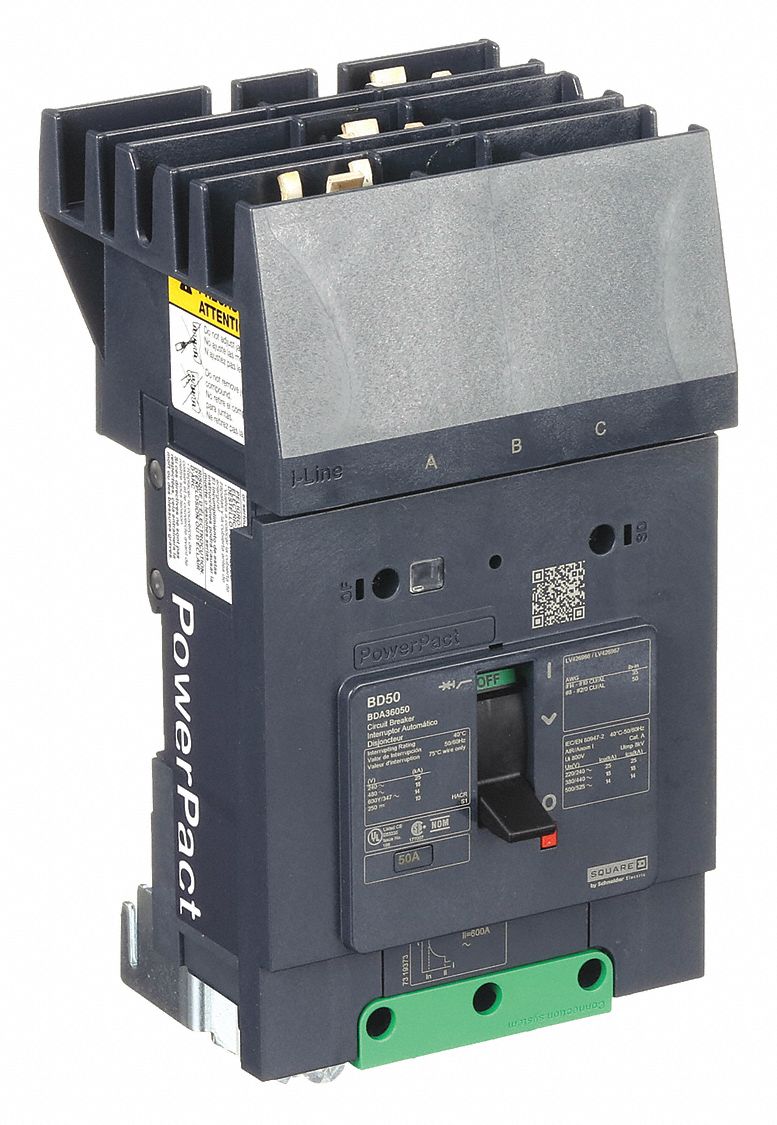 Molded Case Circuit Breaker: 50 A Amps, 25kA at 277/408V AC, Fixed, ABC, 3 Poles, 525V AC, BDA