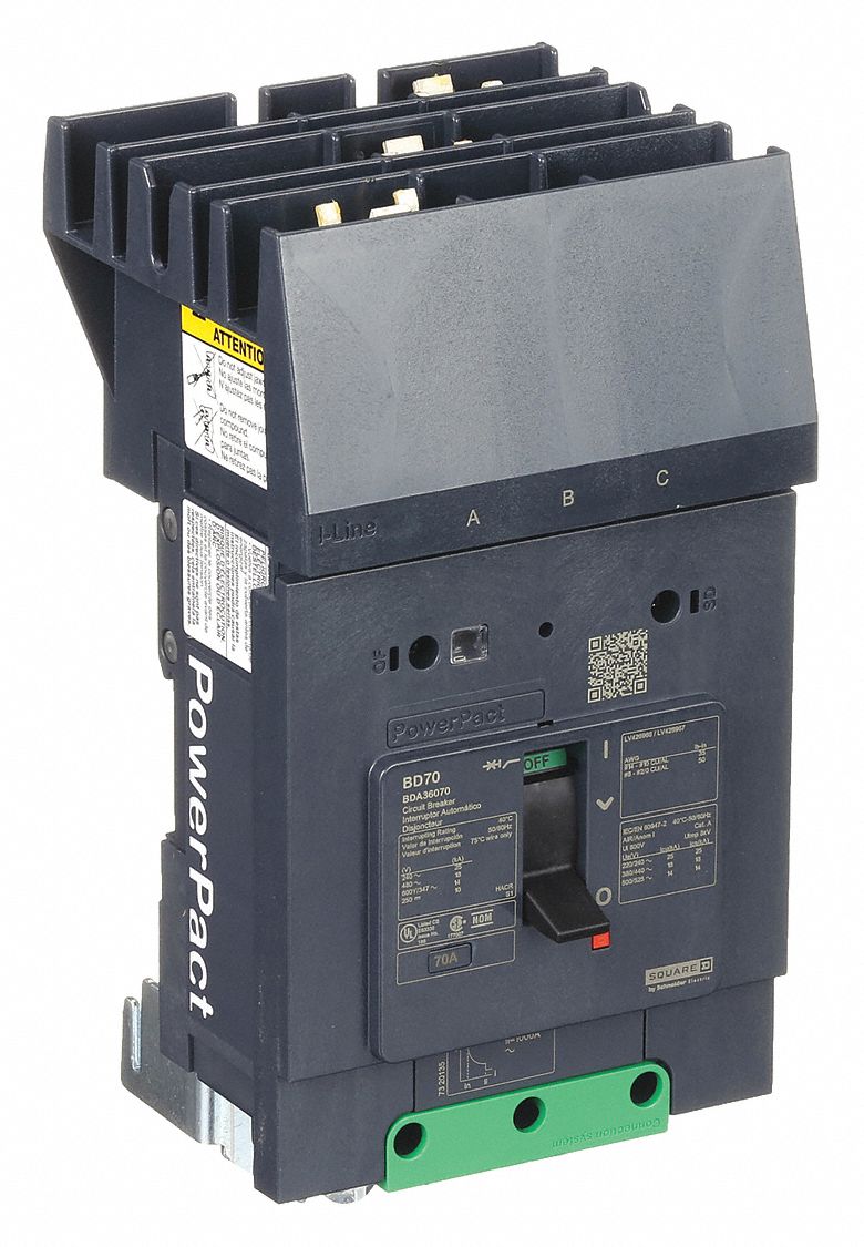 Molded Case Circuit Breaker: 70 A Amps, 25kA at 277/408V AC, Fixed, ABC, 3 Poles, 525V AC, BDA