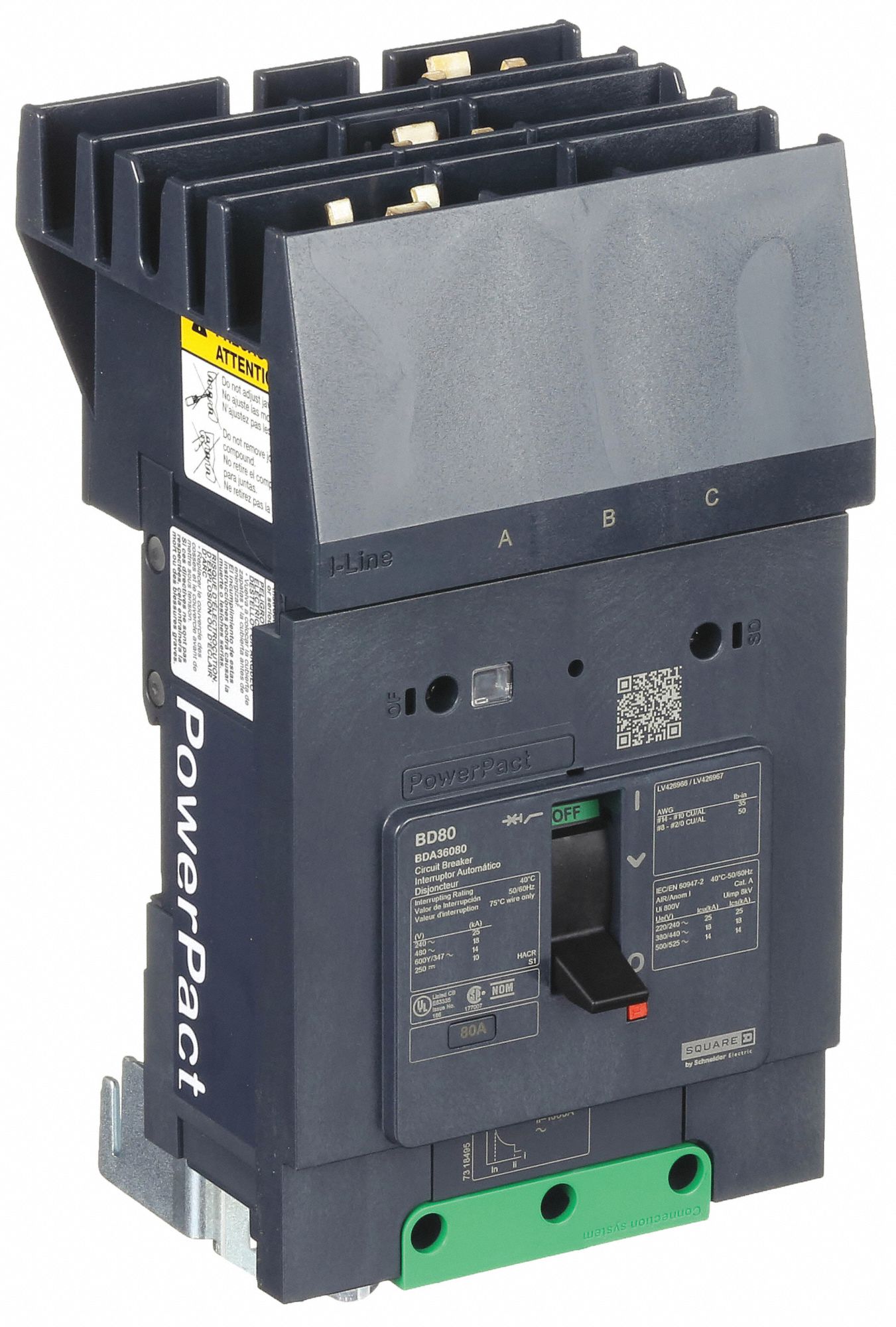 Molded Case Circuit Breaker: 80 A Amps, 25kA at 277/408V AC, Fixed, ABC, 3 Poles, 525V AC, BDA