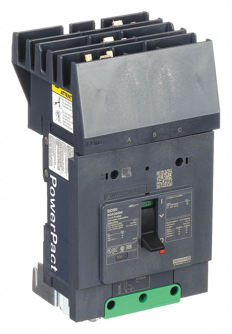 Molded Case Circuit Breaker: 90 A Amps, 25kA at 277/408V AC, Fixed, ABC, 3 Poles, 525V AC, BDA