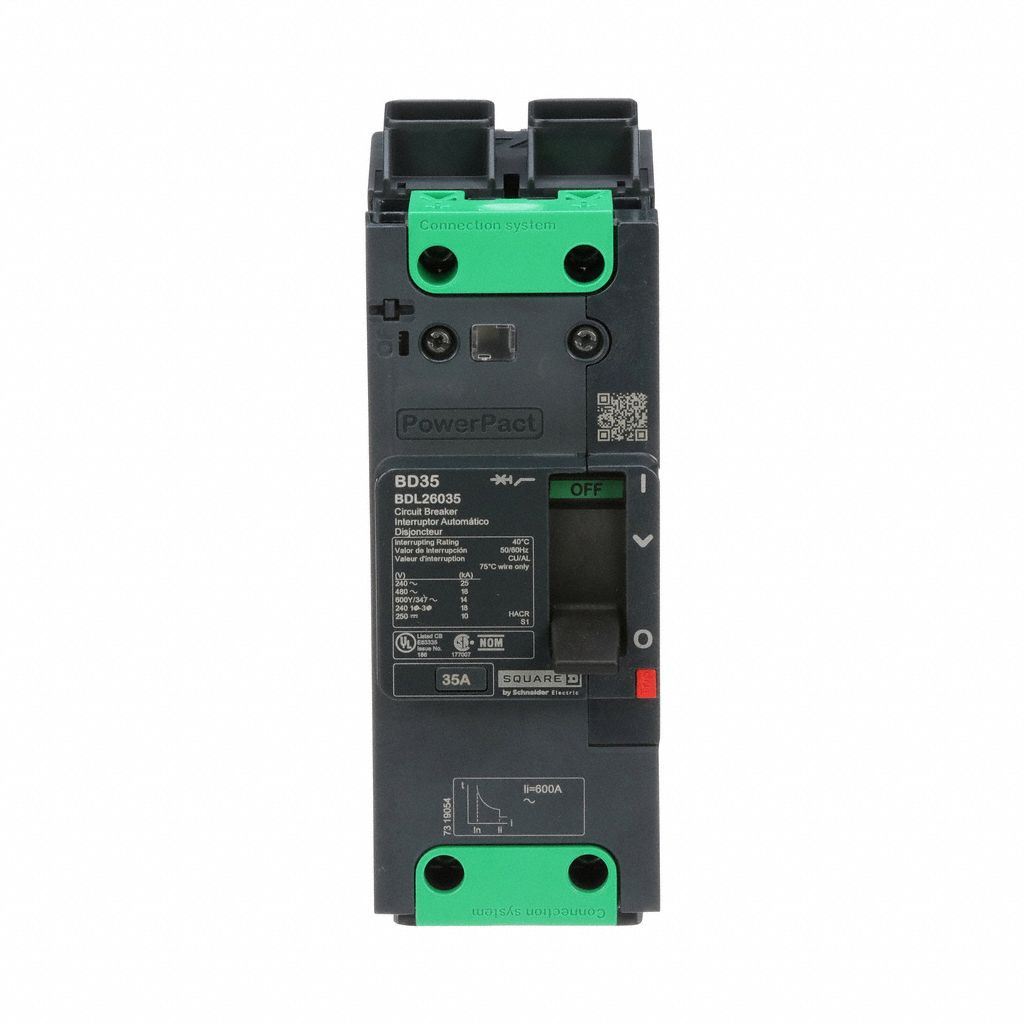 Molded Case Circuit Breaker: 35 A Amps, 25kA at 277/408V AC, Fixed, Everlink Lug Both Ends, 2 Poles