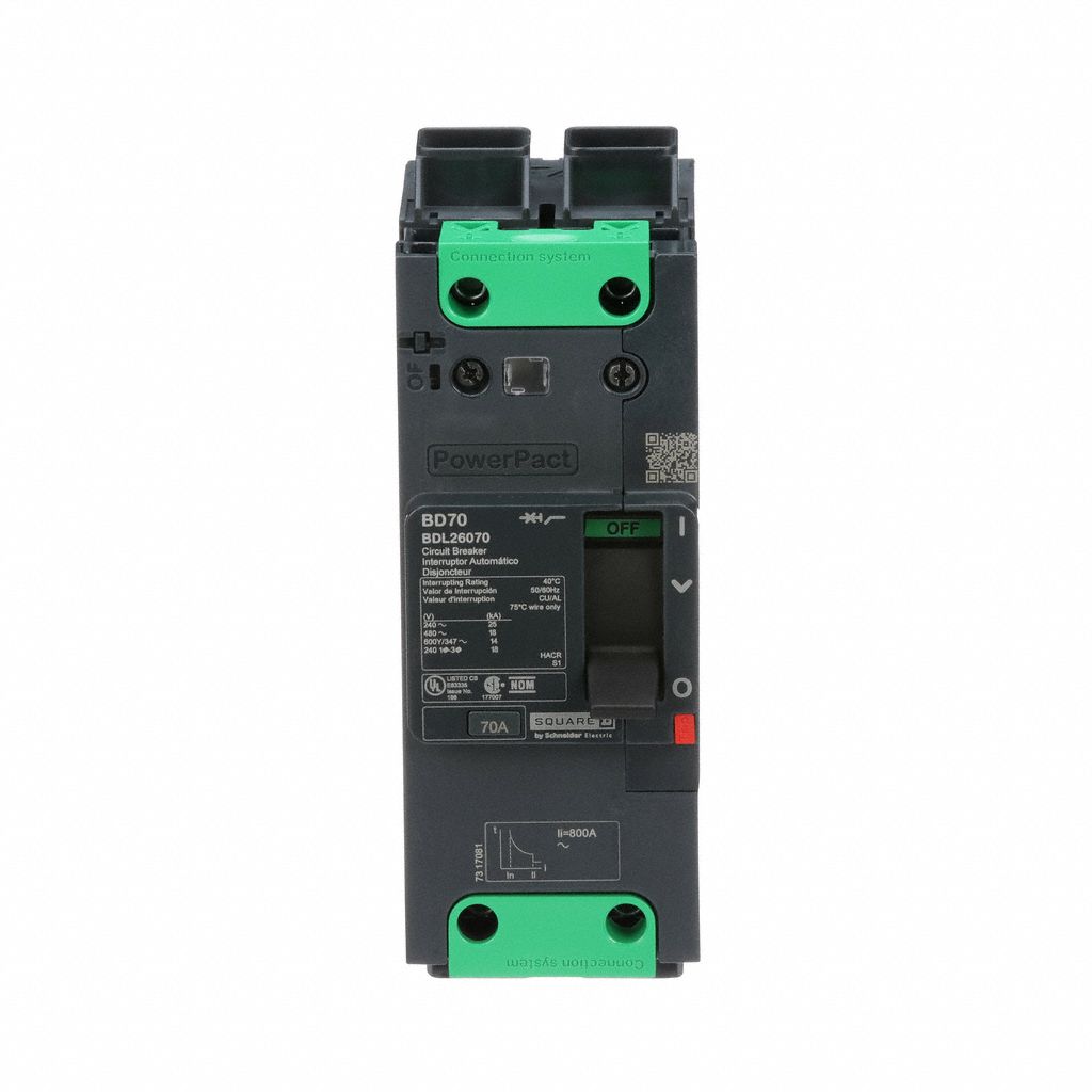Molded Case Circuit Breaker: 70 A Amps, 25kA at 277/408V AC, Fixed, Everlink Lug Both Ends, 2 Poles