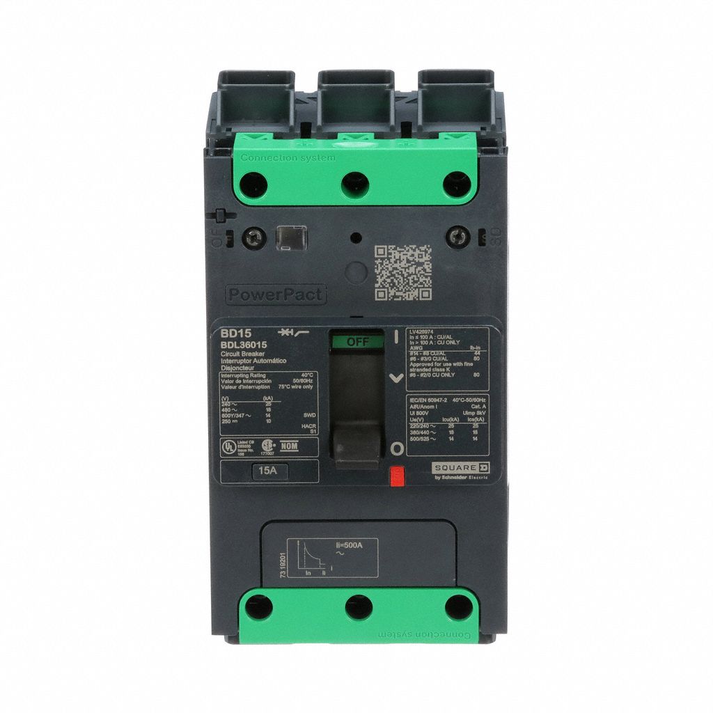 Molded Case Circuit Breaker: 15 A Amps, 25kA at 277/408V AC, Fixed, Everlink Lug Both Ends, ABC, BDL