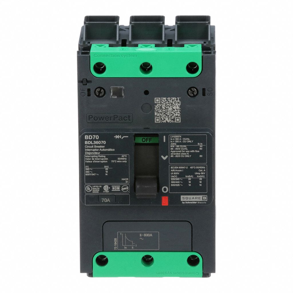 Molded Case Circuit Breaker: 70 A Amps, 25kA at 277/408V AC, Fixed, Everlink Lug Both Ends, ABC, BDL