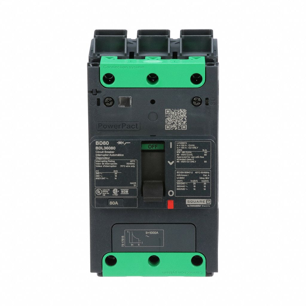 Molded Case Circuit Breaker: 80 A Amps, 25kA at 277/408V AC, Fixed, Everlink Lug Both Ends, ABC, BDL