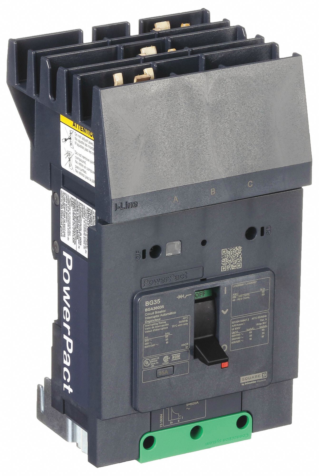 Molded Case Circuit Breaker: 35 A Amps, 100kA at 240V AC, Fixed, ABC, 3 Poles, 525V AC, BGA