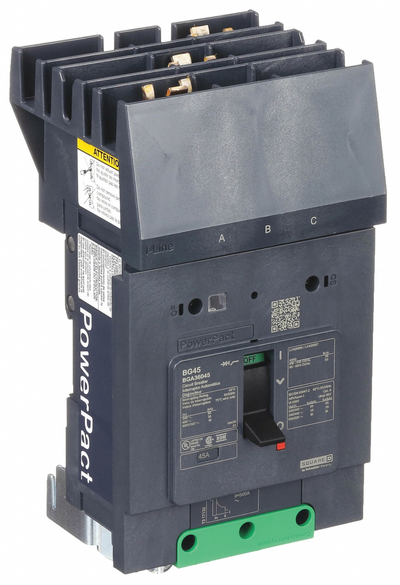 Molded Case Circuit Breaker: 45 A Amps, 100kA at 240V AC, Fixed, ABC, 3 Poles, 525V AC, BGA