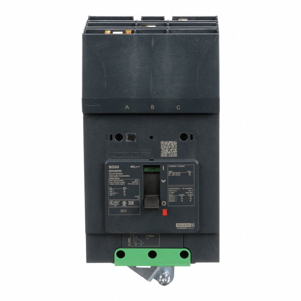 Molded Case Circuit Breaker: 50 A Amps, 100kA at 240V AC, Fixed, ABC, 3 Poles, 525V AC, BGA