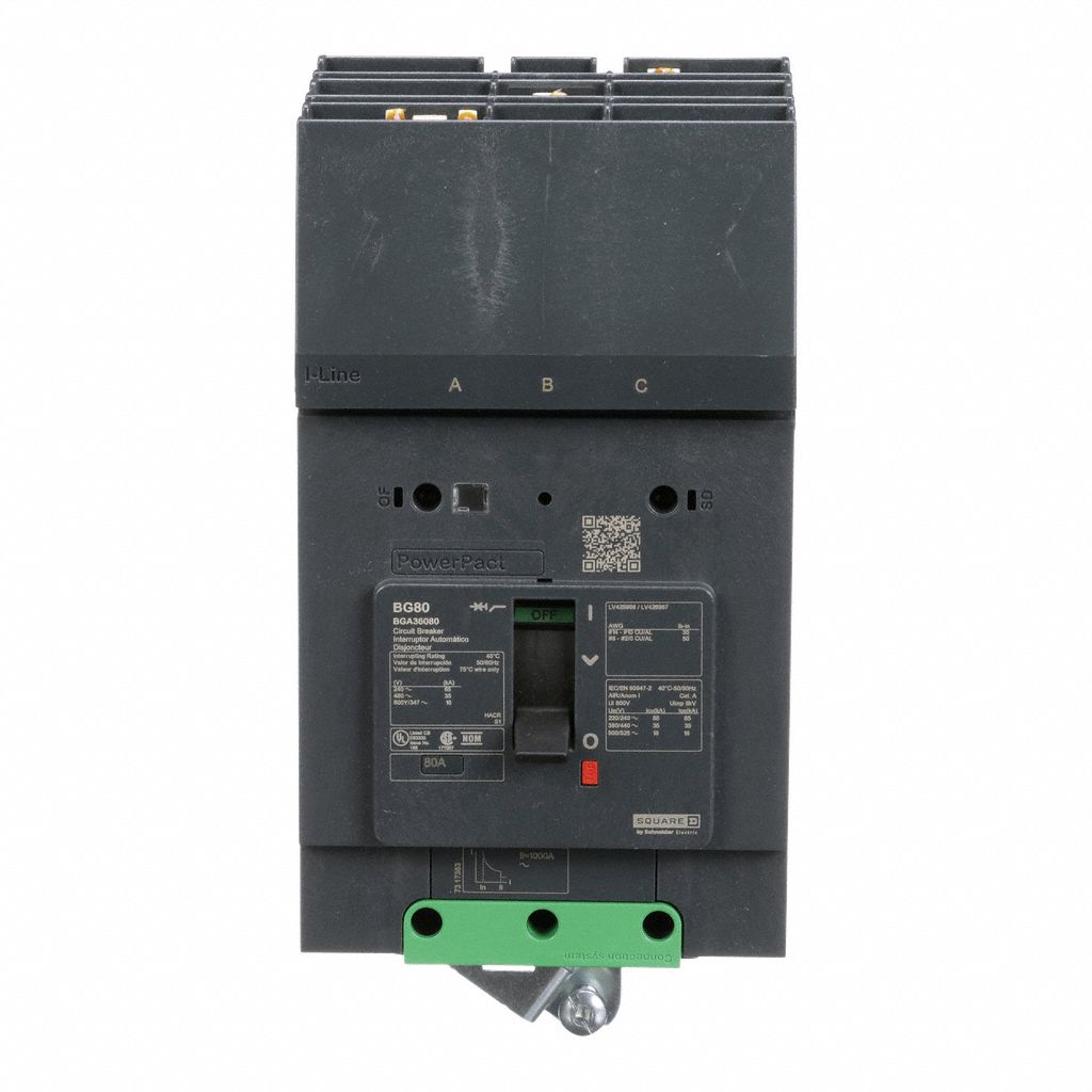 Molded Case Circuit Breaker: 80 A Amps, 100kA at 240V AC, Fixed, ABC, 3 Poles, 525V AC, BGA