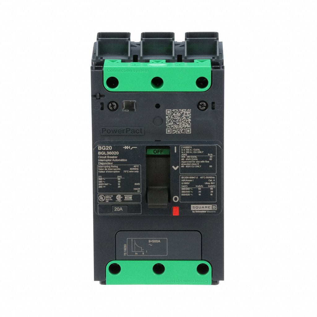 Molded Case Circuit Breaker: 20 A Amps, 100kA at 240V AC, Fixed, Everlink Lug Both Ends, ABC, BGL