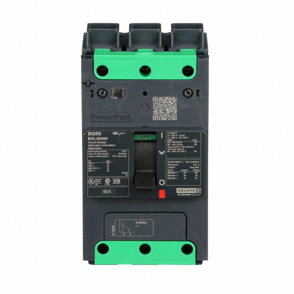 Molded Case Circuit Breaker: 60 A Amps, 100kA at 240V AC, Fixed, Everlink Lug Both Ends, ABC, BGL