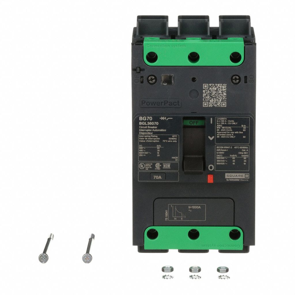 Molded Case Circuit Breaker: 70 A Amps, 100kA at 240V AC, Fixed, Everlink Lug Both Ends, ABC, BGL
