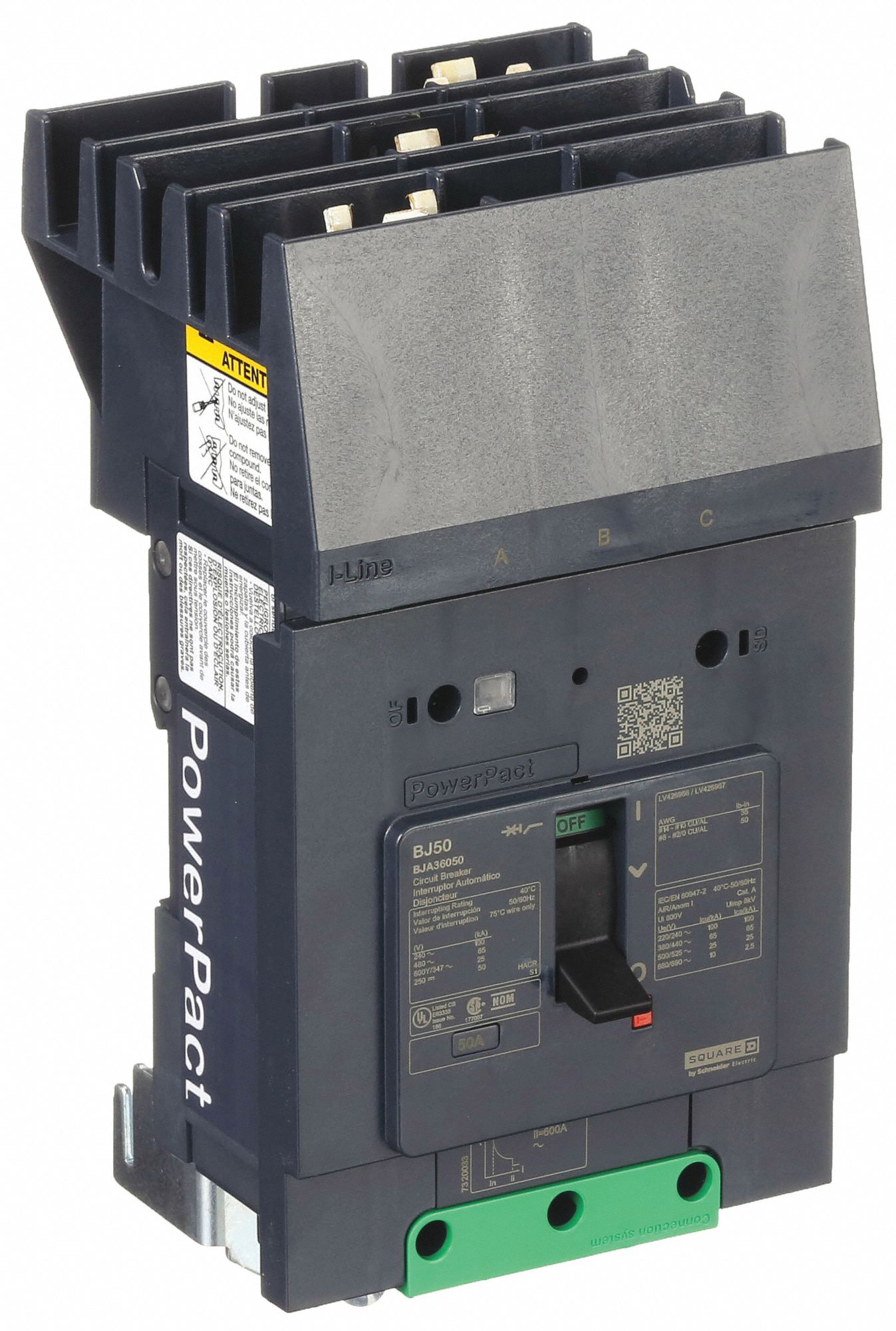 Molded Case Circuit Breaker: 50 A Amps, 100kA at 120/240V AC, Fixed, ABC, 3 Poles, 690V AC, BJA