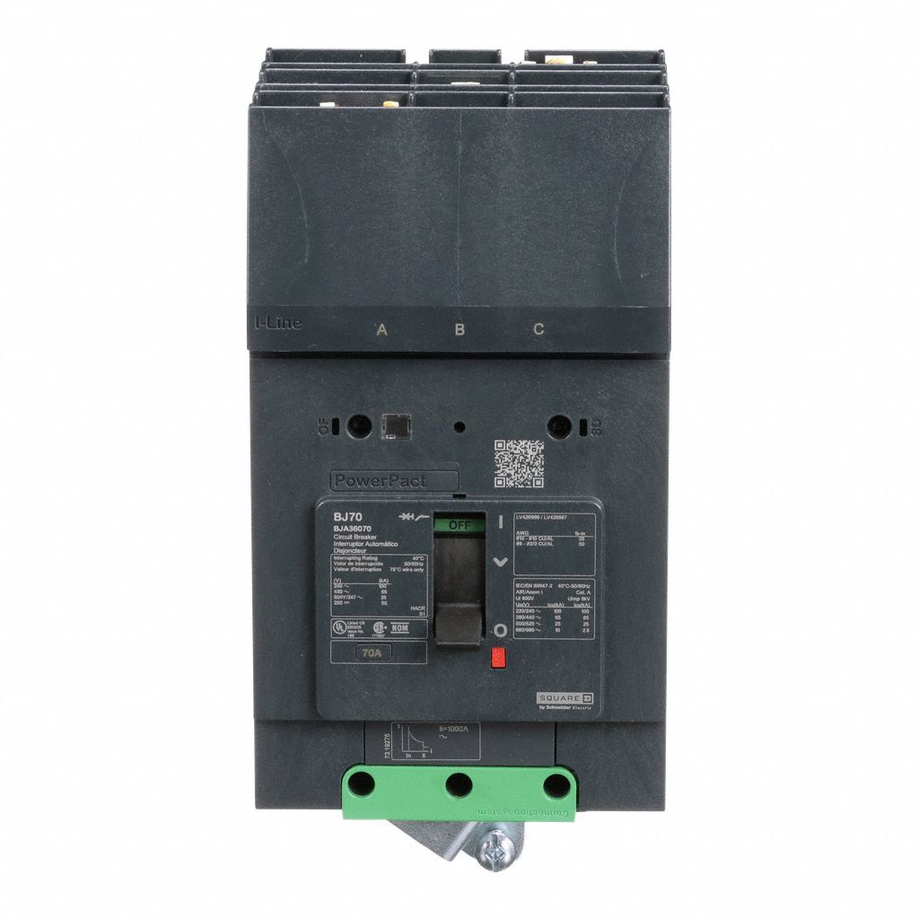 Molded Case Circuit Breaker: 70 A Amps, 100kA at 120/240V AC, Fixed, ABC, 3 Poles, 690V AC, BJA