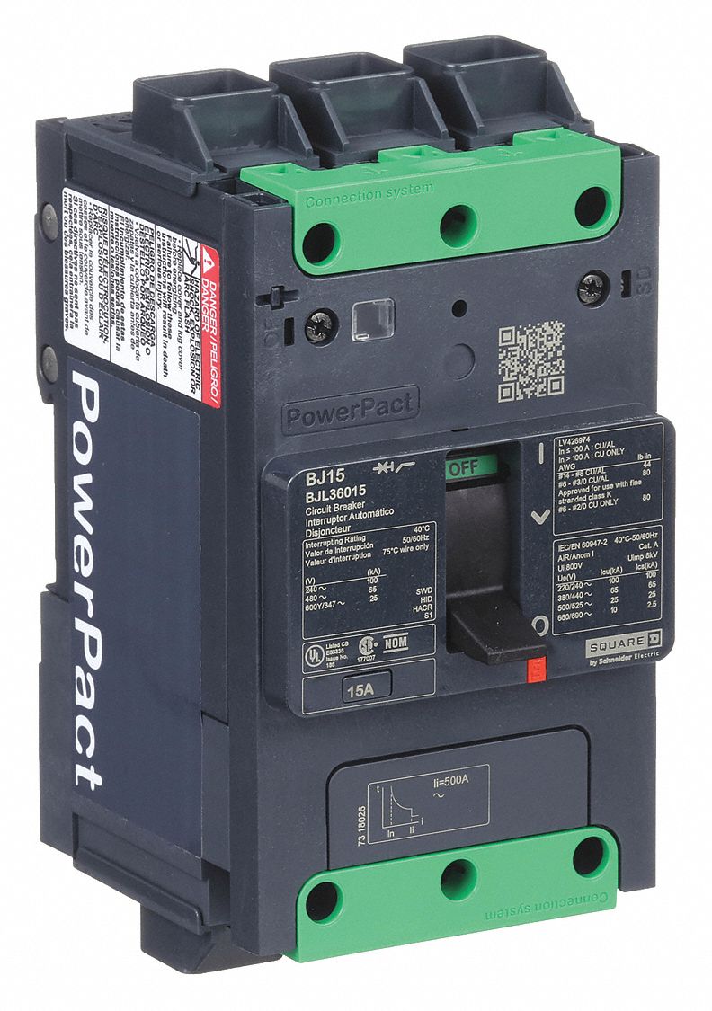 Molded Case Circuit Breaker: 15 A Amps, 100kA at 120/240V AC, Fixed, Everlink Lug Both Ends, ABC