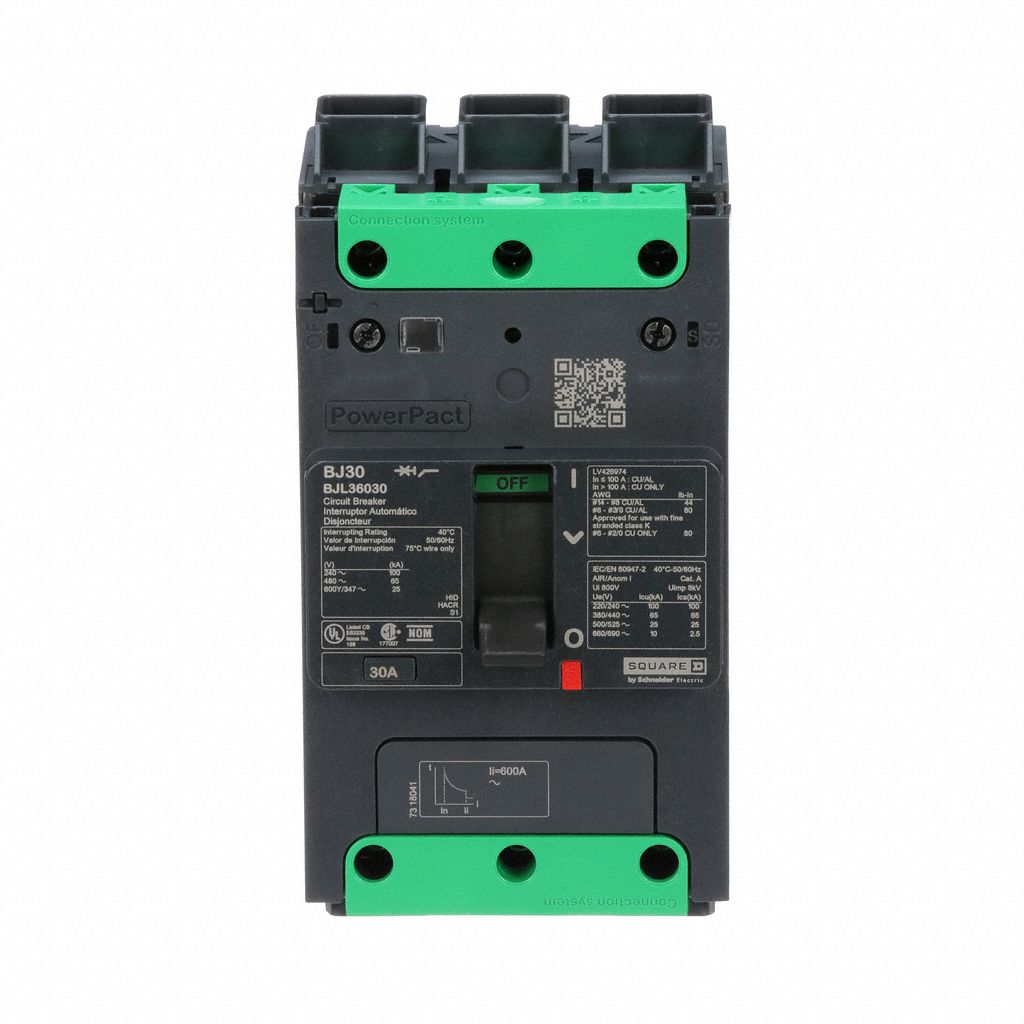 Molded Case Circuit Breaker: 30 A Amps, 100kA at 120/240V AC, Fixed, Everlink Lug Both Ends, ABC
