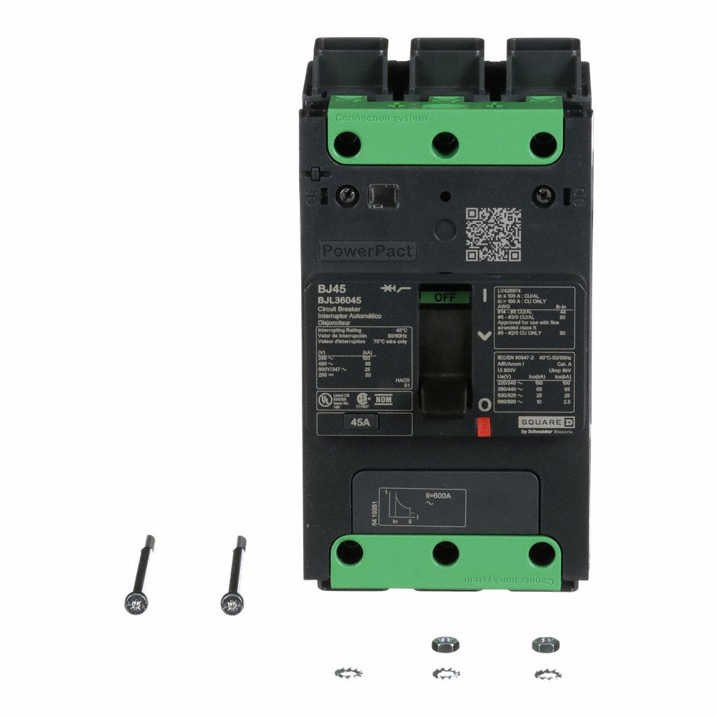 Molded Case Circuit Breaker: 45 A Amps, 100kA at 120/240V AC, Fixed, Everlink Lug Both Ends, ABC