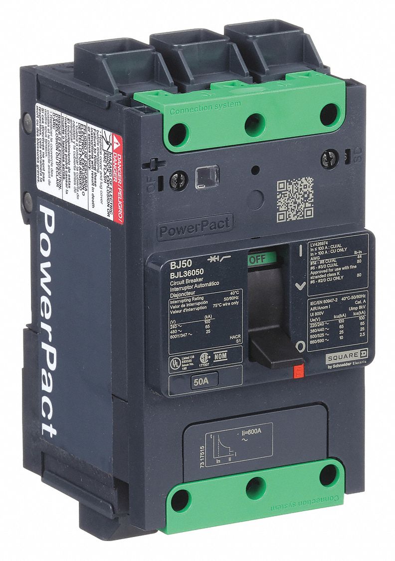Molded Case Circuit Breaker: 50 A Amps, 100kA at 120/240V AC, Fixed, Everlink Lug Both Ends, ABC