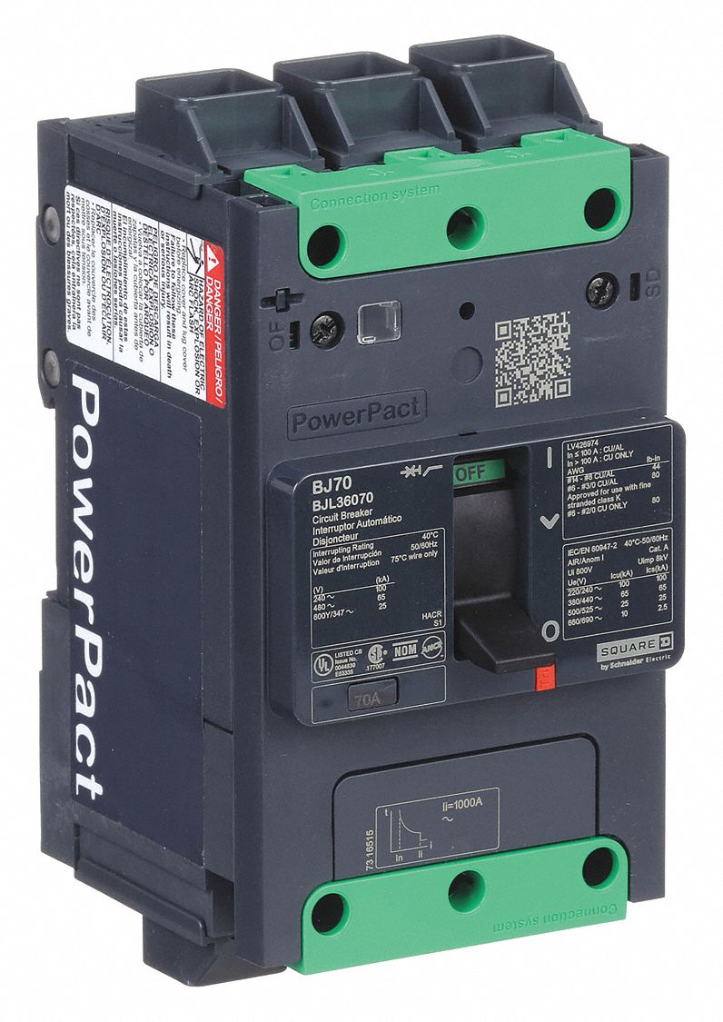 Molded Case Circuit Breaker: 70 A Amps, 100kA at 120/240V AC, Fixed, Everlink Lug Both Ends, ABC