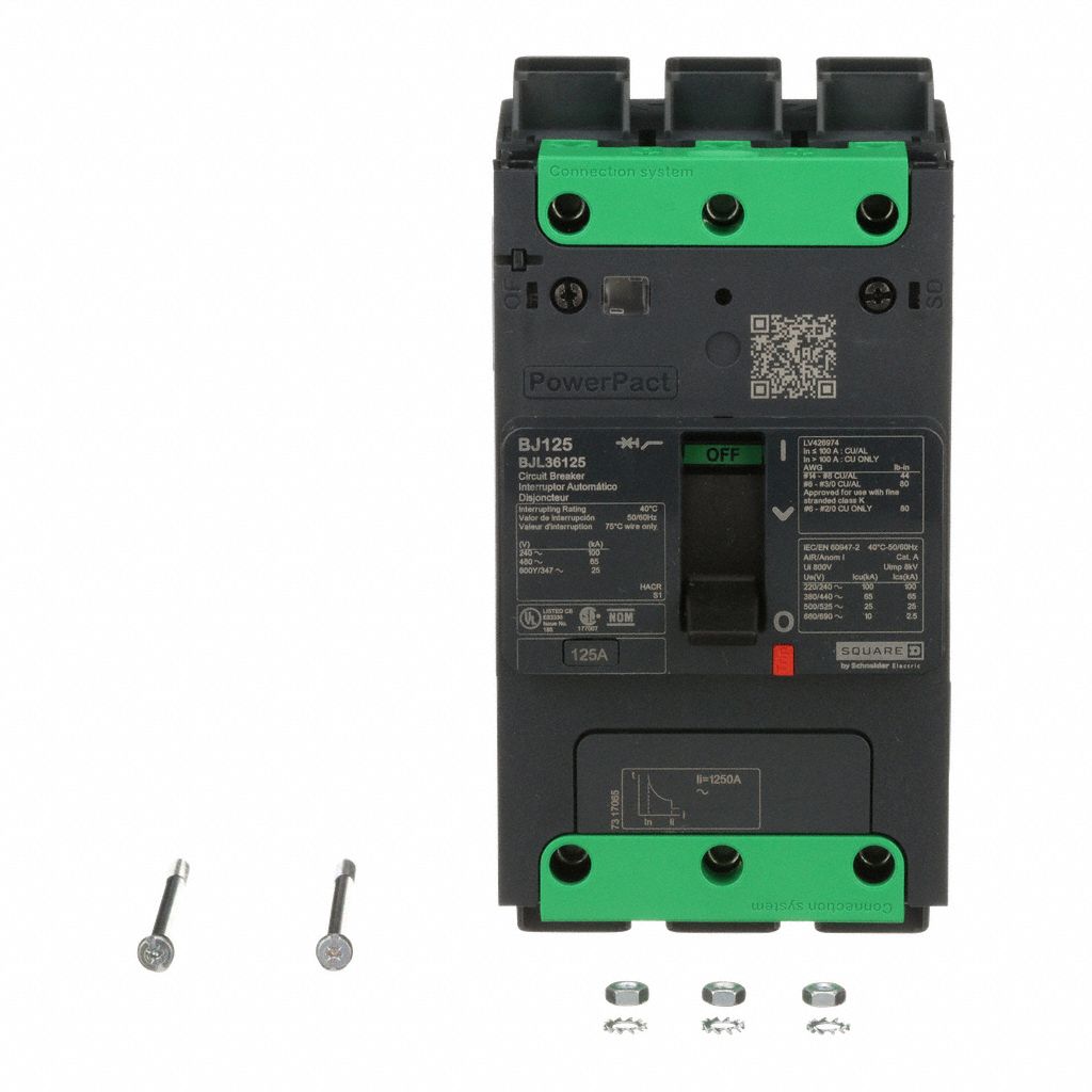 Molded Case Circuit Breaker: 125 A Amps, 100kA at 120/240V AC, Fixed, Everlink Lug Both Ends, ABC