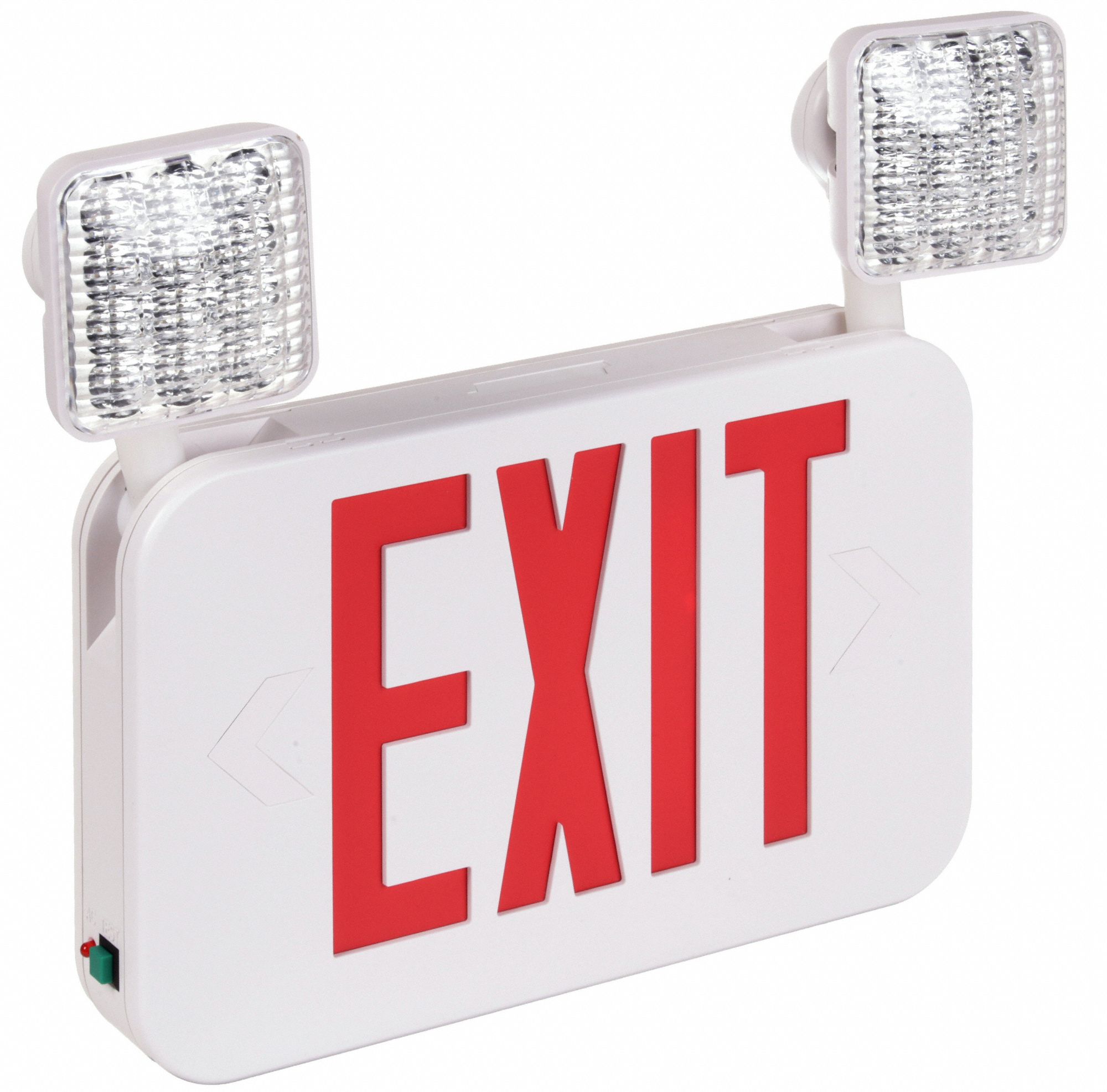 LED EXIT SIGN, EMERGENCY LIGHTS, WHITE/RED, 2 FACES, CEILING/WALL, NI-CD, 120/277V AC