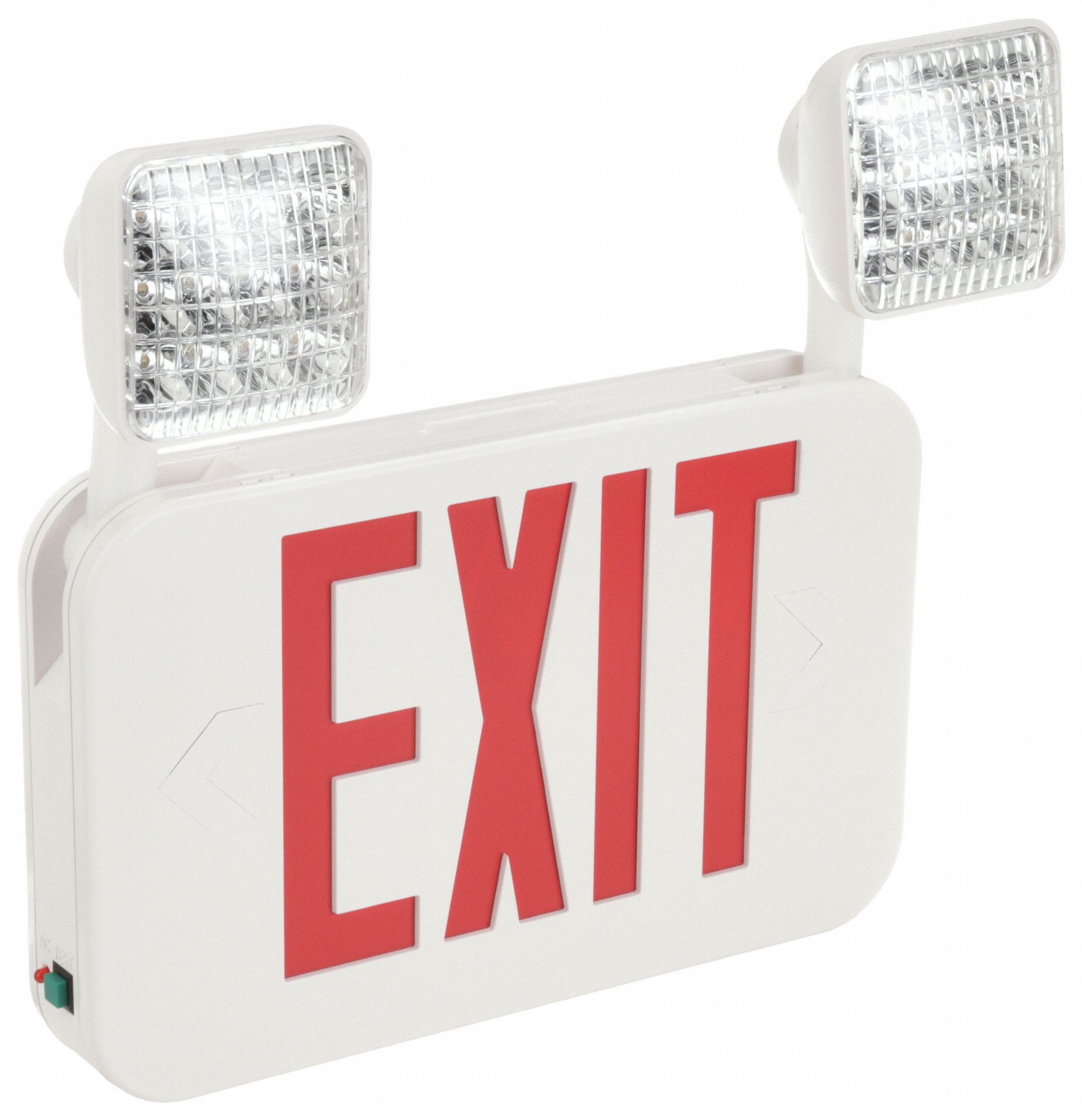 LED EXIT SIGN, EMERGENCY LIGHTS, WHITE/RED, 2 FACES, CEILING/WALL, NI-CD, 120/277V AC