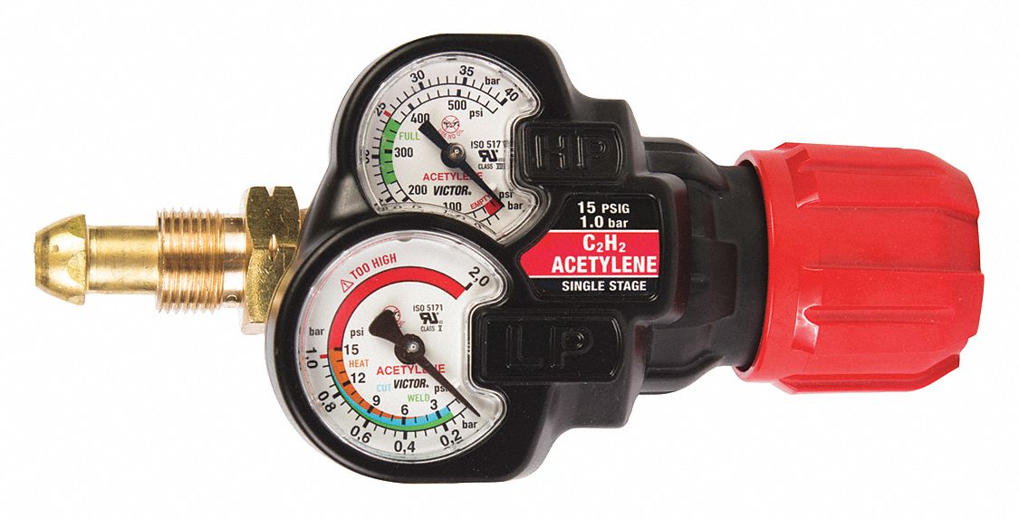 GAS REGULATOR, ACETYLENE, SINGLE-STAGE, CGA 510 INLET, 0-15 PSI, 2 IN GAUGE, BRASS